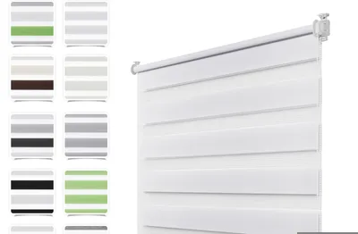 A white roller blind with horizontal stripes is shown against a white background. To the left, there are several small swatches of different blind colors and patterns.