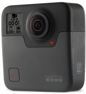 A close-up, front-facing view of a black GoPro Fusion 360 camera.