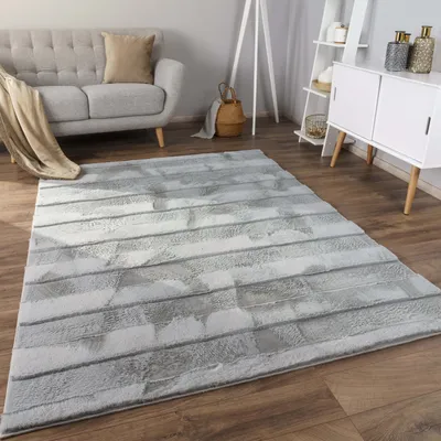 A living room scene with a rug in the foreground, a sofa and a shelf unit in the background.