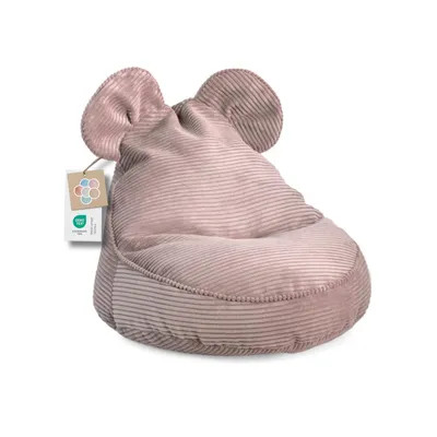 A pink beanbag chair shaped like a mouse with ears, placed on a white background. A tag is attached to the side of the beanbag.