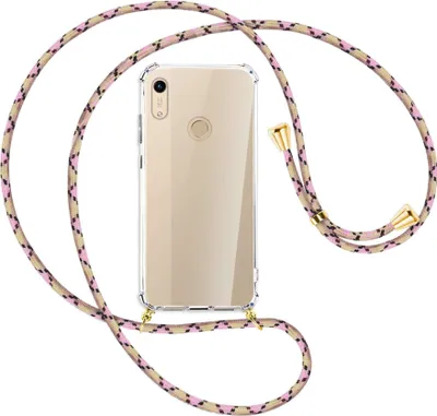 Produktbild von Handykette Backcover-Schutzhülle mit Band (Metall goldfarben) für Honor 8A / Huawei Y6s 2019 - rosa Karo