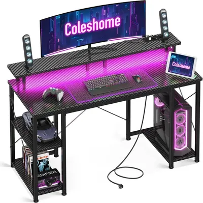 Produktbild von Coleshome Gaming Tisch LED-Beleuchtung 2 Steckdosen USB Schwarz 120x50cm