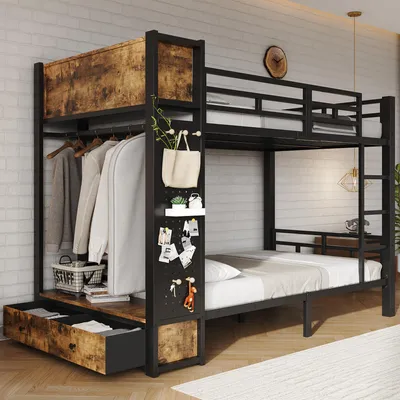 Productafbeelding van Flieks stapelbed 120x200 cm met kledingroede en lade, hoogslaper met ladder en open opbergvakken, kinderbed/tienerbed met lattenbodem, zwart