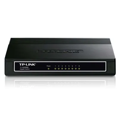 A black TP-Link 8-port gigabit desktop switch is shown against a white background.