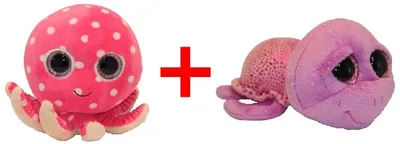 Produktbild von TY Beanie Boo´s Plüschtier Octopus Ollie 20 cm und Schildkröte Slow-Poke 15 cm in pink mit Glitzeraugen, Kuscheltiere, Geschenk-Set