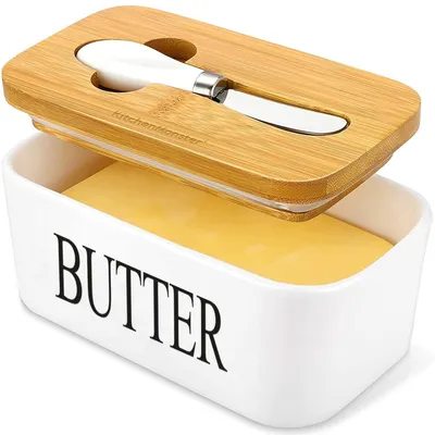 Produktbild von Butterdose mit Buttermesser und Deckel aus Keramik und Bambus