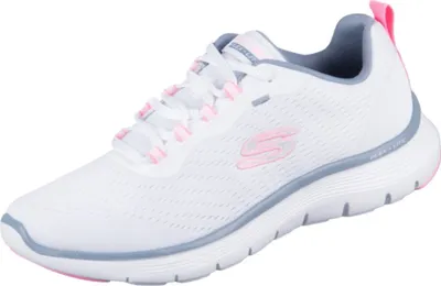 A single white Skechers Flex Appeal 5.0 shoe with pink and gray accents is shown from a side angle against a white background.