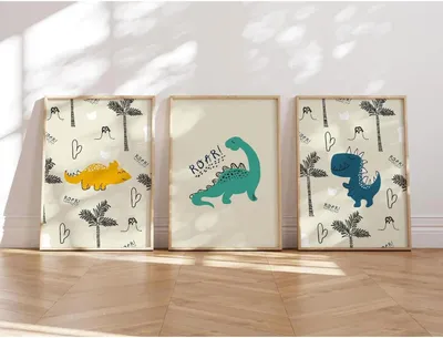 Produktbild von Dino Poster Set, 3x DIN A4, niedliche Dinosaurier, für Kinderzimmer Dekoration