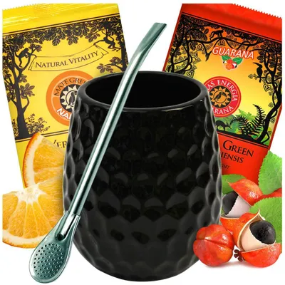 Produktbild von Mate Green Yerba Mate Tee Set starter - Keramik mate becher Querida Schwarz, Yerba Mate mit Orange 50g und Mate Tee mit Guarana 50g, Bombilla 19cm