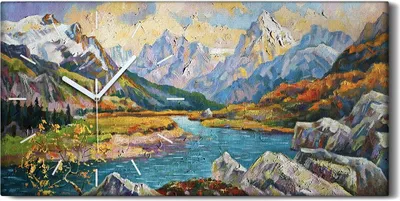 Produktbild von Leinwand Wanduhr Wandkunst Uhr 60x30 Malerei Berge Fluss Wald Bäume Kunst - weiße Hände