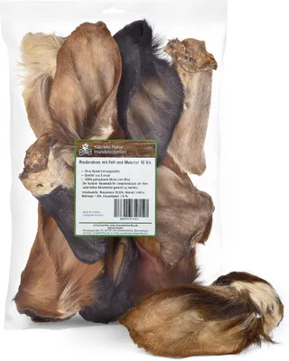 A bag of dog treats, specifically beef ears with fur and shell, with a label detailing product information.