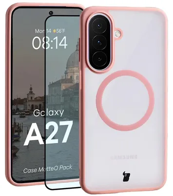 Produktbild von Schutzhülle mit Magnetring + gehärtetem Glas für Galaxy A27 5G, Bizon MatteO Pack, Getönt-Hellrosa