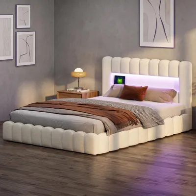 Produktbild von INONEFT Polsterbett 140x200cm mit Bettkasten, Doppelbett Boxspringbett mit LED und USB, Jugendbett Funktionsbett mit Lattenrost, Leinen, Beige
