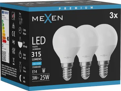 Obrázok produktu pre Mexen Nova 3x LED žiarovka E14, G45, 3W, studená - 6500K, 315 lm - L101-E14-0365-01x03