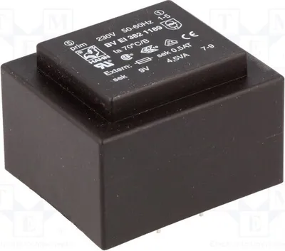 Immagine prodotto di 1 trasformatore: rivestito, 230 VAC, 500 mA, 4,5 VA, 9 V. Montaggio: BV EI 382 1189 - Trasformatore