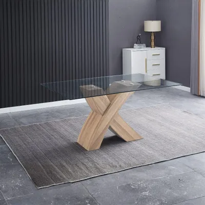 Immagine prodotto di Tavolo fisso Duncan con piano in vetro e gambe incrociate effetto legno 150x90x76H