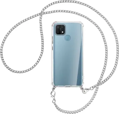 Produktbild von Handykette Backcover-Schutzhülle mit Band (Metall silberfarben) für Oppo A15 - silberfarbene Kette