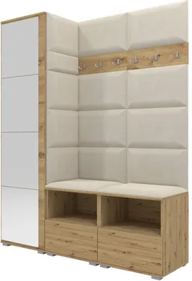 A corner hallway unit with a mirrored cabinet, upholstered wall panels, a bench seat, and storage drawers.