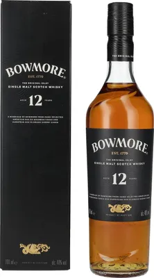 A bottle of Bowmore 12 Years Old Islay Single Malt Scotch Whisky and its gift box are displayed side-by-side against a white background.