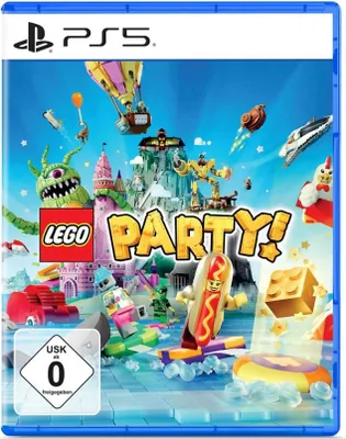 The image shows the front cover of a PlayStation 5 video game case for 'LEGO Party!'. The cover art features various LEGO characters and structures in a colorful, cartoonish style.