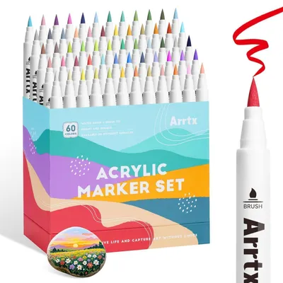 Image de Stylos acryliques, 60 couleurs, résistants à l'eau, avec pointe pinceau, pour pierre, bois, toile, travaux manuels et loisirs créatifs. Coffret de 60 stylos, couleurs naturelles