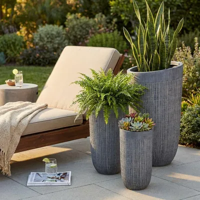 Immagine prodotto di Milani Home - set di 3 vasi per piante in fibra sintetica, grigio, design industriale, per interno esterno giardino e terrazzo