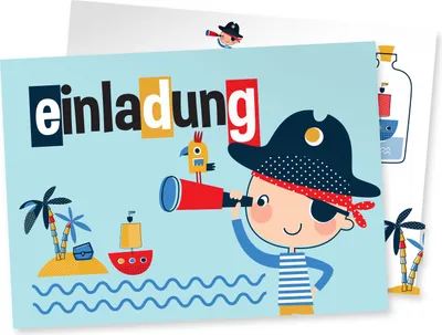 Produktbild von Friendly Fox Pirat Einladung, 12 Piratengeburtstag Einladungskarten für Kindergeburtstag Junge Mädchen, Einladung mit Umschlag, kleiner Pirat auf See, Piraten-Party - Ahoy