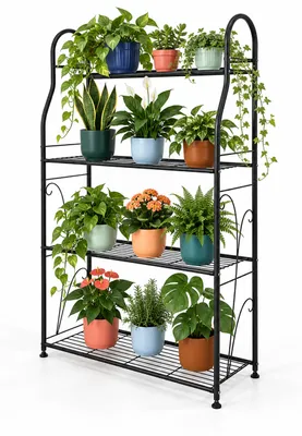 Productafbeelding van Relaxdays bloemenrek met 4 plateaus, afmetingen: 114 x 71 x 24,5 cm, geschikt voor bloemen- en plantenpotten, metaal, plantenrek, zwart, AI-gegenereerde afbeelding