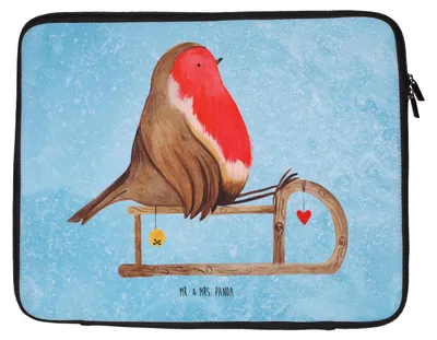 Produktbild von Mr. & Mrs. Panda Laptop Sleeve Rotkehlchen Schlitten 33 x 42 cm - Eisblau - Geschenk, Hülle, Laptophülle, Tasche, Laptoptasche, Weihnachten, Vogel