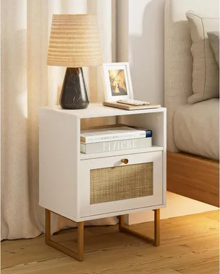Image de HEYZOEY Table de nuit en rotin avec tiroir et étagère, bois de ferme boho, cadre doré - Marron