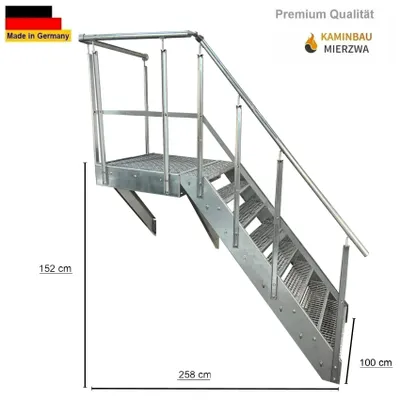 Produktbild von Podesttreppe Wangen- Stahltreppe 8 Stufen Höhe 152cm inklusive Podest 100x100cm mit Geländer Verzinkt / Ausrichtung Treppe Rechts / Aussentreppe