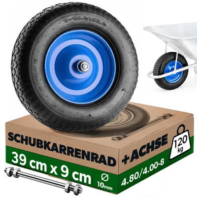 Produktbild von KADAX Schubkarrenrad 390 x 90 mm mit Achse, Luftreifen 4.80/4.00-8 auf robuster Metallfelge, Ersatzrad mit Autoventil für Schubkarren