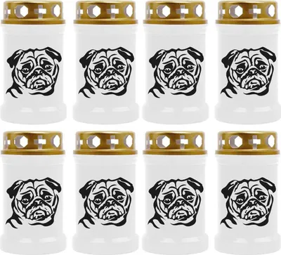 Produktbild von Grabkerze Weiß 8er Pack, Brenndauer: 40 Stunden ( je Kerze ), Motiv: Mops