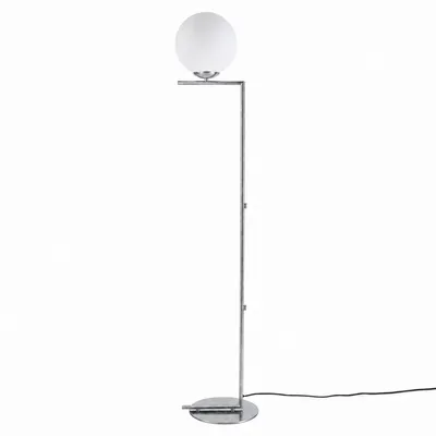 Obrázok produktu pre Guľová stojacia lampa E27, biele sklo a pochrómovaný kov, moderný severský štýl, ⌀22 cm, do obývačky a spálne