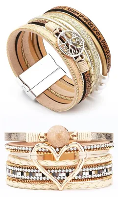 Produktbild von Armband-Set für Damen – 2 Stück – Mehrlagiges Lederarmband – Boho-Stil – Armreif mit magnetischer Verschluss – Inspirierendes Lebensbaum-Design