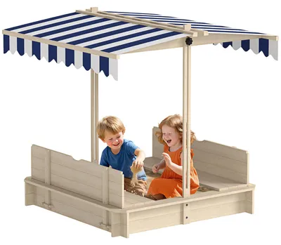 Produktbild von Sandkasten 106x106 cm Kinder Sandbox mit höhenverstellbar Abdeckung, Sandkiste aus Holz mit Sitzbänken Rücklehnen für Outdoor Garten Terrasse Balkon