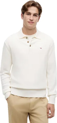 Image de Pull Tommy Jeans pour homme, coupe slim, modèle Essential avec col polo, couleur ivoire (Ancient White)