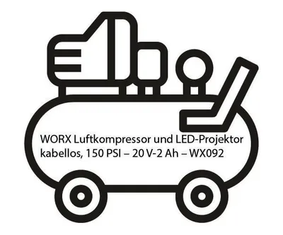 Produktbild von WORX Luftkompressor und LED-Projektor, kabellos, 150 PSI – 20 V-2 Ah – WX092 (Lieferung mit Akku und Schnellladegerät, Lieferung mit Adapter für Fahrrad/Auto, Reifenaufpumpen in 2 min40s)