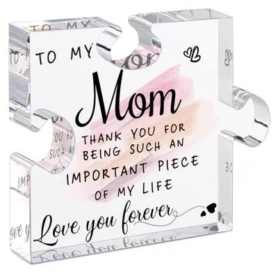 Immagine prodotto di Puzzle decorativo in acrilico con la scritta "Grazie, mamma" | Regalo per la festa della mamma | Regalo di compleanno | Decorazione per ufficio, dimensioni 10x8,1 cm