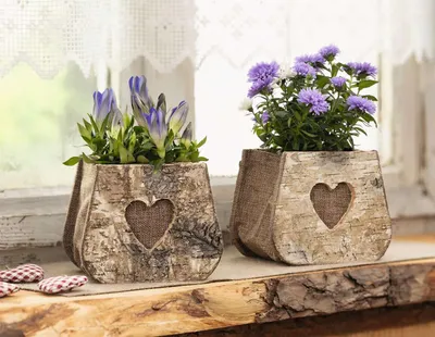 Produktbild von 2x Pflanztasche "Herz" aus Birke & Stoff, Pflanzgefäße, Blumentopf aus Holz, Pflanztopf Set