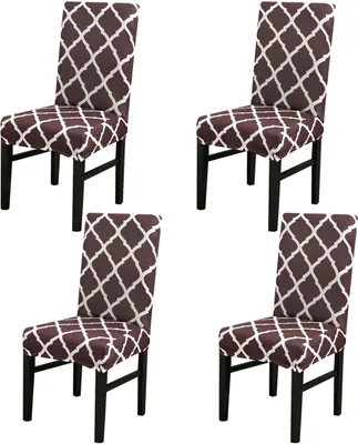 Produktbild von Universal Elastischer Stretch Stuhlhusse Stuhlhussen Husse Hussen Farbe und Set Größe wählbar Stuhlbezug Stuhlüberzug Elastisch(Braun Geometrisch, 4er Set)