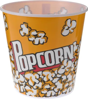 A popcorn bucket with the word "POPCORN" printed on it.