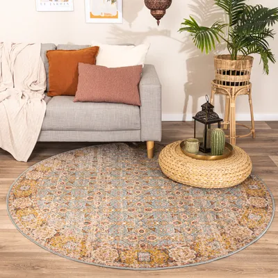 Produktbild von Volero - Teppich Vintage Rund - Thirza Oriental Hellblau Bunt - Ø 120 cm - Wohnzimmer, Esszimmer, Schlafzimmer - Boho, Klassik, Ländlich, Orientalisch, Retro