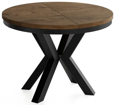 Produktbild von Runder Ausziehbarer Esstisch im Loft-Stil - Industrieller Tisch mit Schwarzen Metallbeinen - Platzsparender Tisch für Wohnzimmer - Eiche Braun Rustikal - 100 bis 180 cm