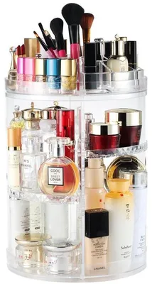 Image de Organisateur de maquillage rotatif à 360° Unyqoos® – Boîte de rangement en acrylique transparent, dimensions 26x26x38 cm, 8 niveaux réglables, capacité pour 60 produits, 2 supports pour rouges à lèvres