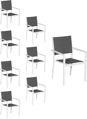 Produktbild von 8er Set gepolsterten Stühlen aus weißem Aluminium - graues Textilene