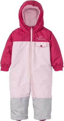 A pink and light pink snowsuit for a child.