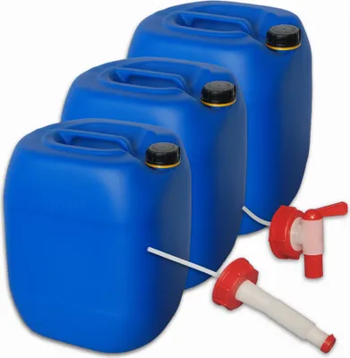 Immagine prodotto di set di 3 taniche per acqua da 30 litri con 1 rubinetto + 1 beccuccio flessibile e 3 tappi a vite (DIN 61) | Sicuro per gli alimenti | Portatile | Per interni ed esterni | Senza BPA Blu