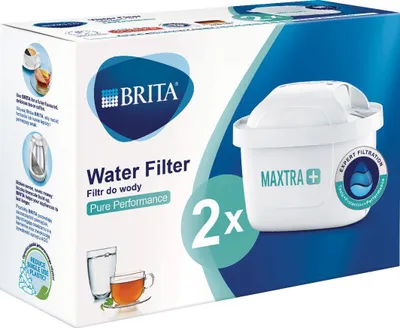 A product box for Brita Maxtra+ water filter cartridges.