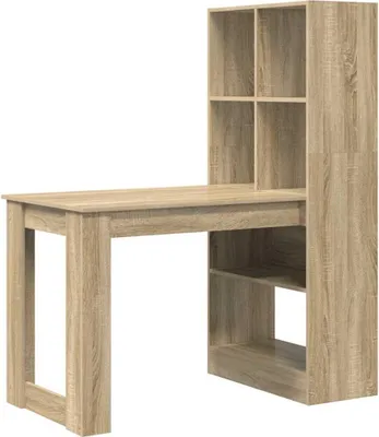 A wooden desk with a bookshelf attached.